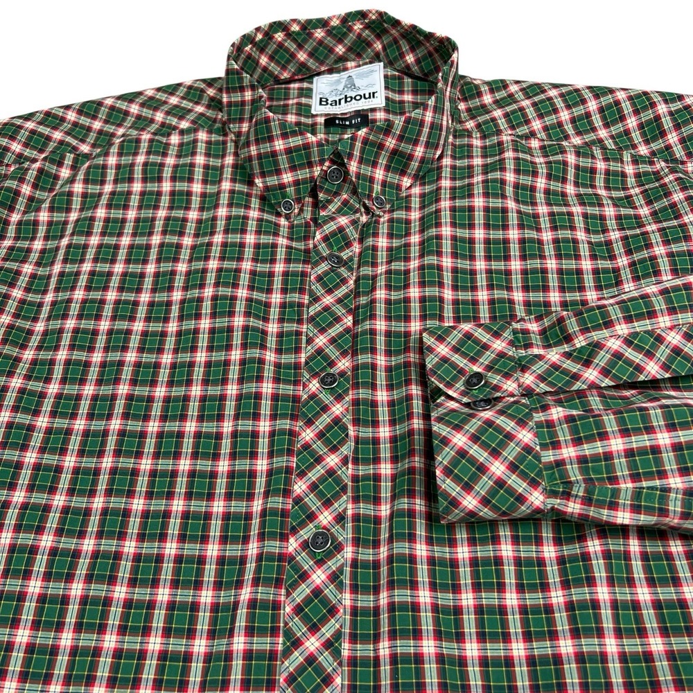 Barbour Mens Shirt Mens XL Slim Fit Green Plaid Long Sleeve Button Down